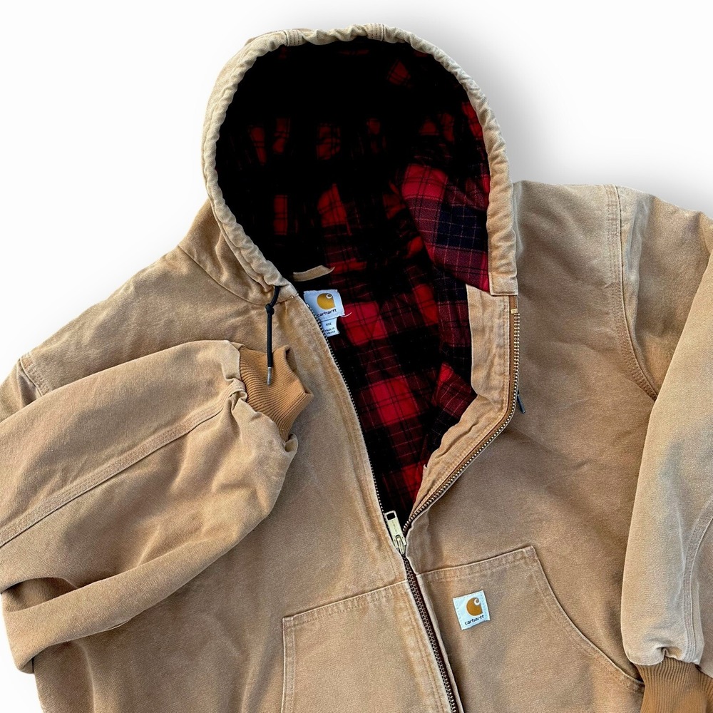 VTG Carhartt Quilt Lined Hooded Jacket 4XL -RN14806 Classic Tan Brown Distressed